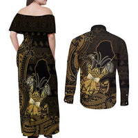 Niue Christmas Couples Matching Off Shoulder Maxi Dress and Long Sleeve Button Shirt Niuean Crab Xmas Tribal Waves - Polynesian Pride