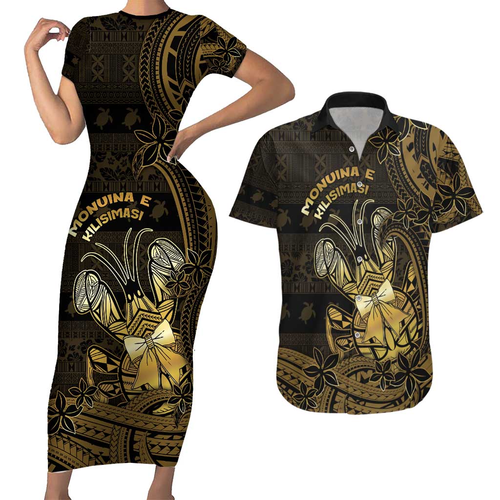 Niue Christmas Couples Matching Short Sleeve Bodycon Dress and Hawaiian Shirt Niuean Crab Xmas Tribal Waves - Polynesian Pride