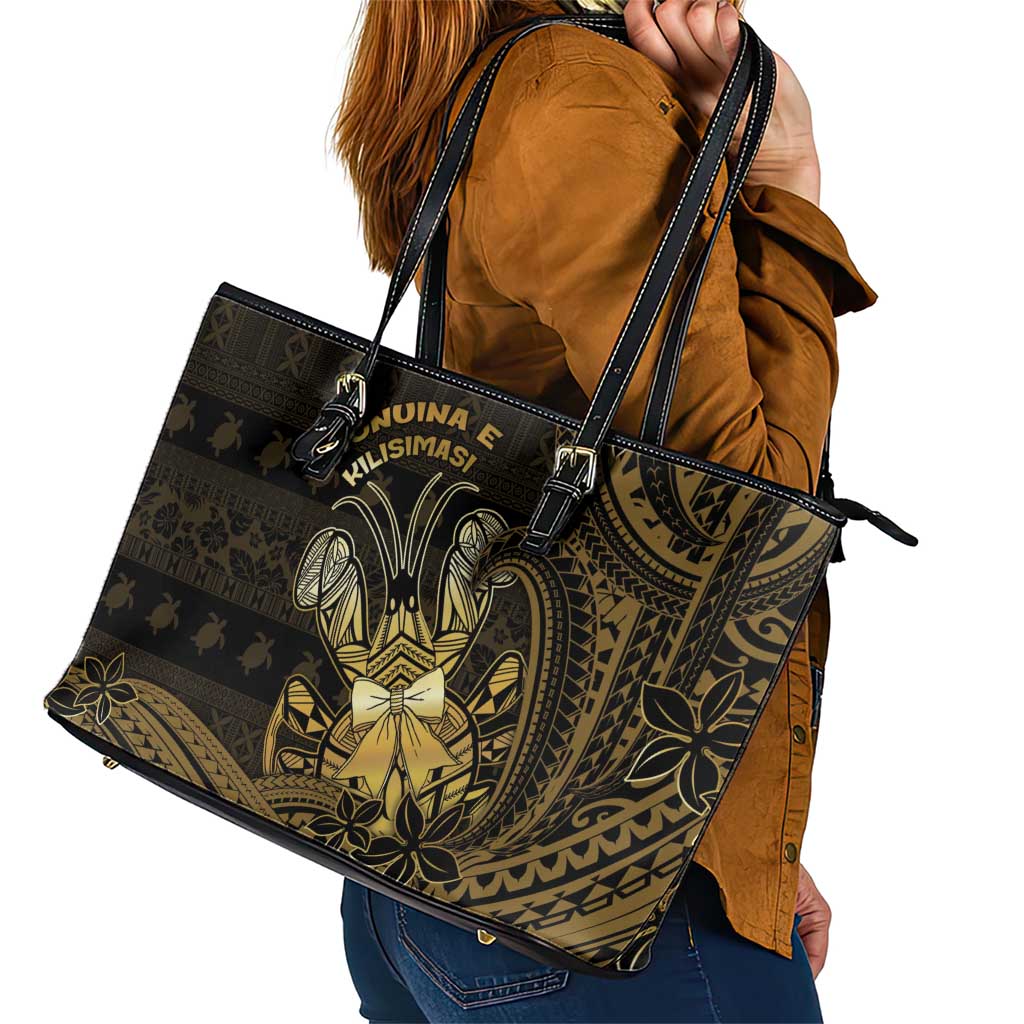 Niue Christmas Leather Tote Bag Niuean Crab Xmas Tribal Waves - Polynesian Pride