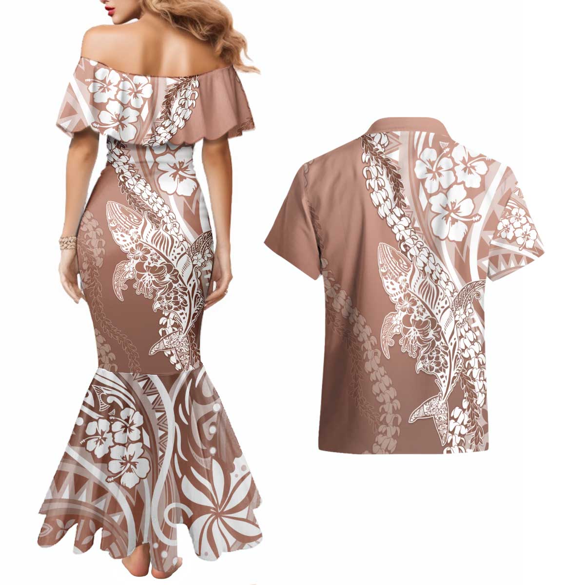 Hawaii Puakenikeni And Maile Lei Couples Matching Mermaid Dress and Hawaiian Shirt Brown Polynesian Shark Tattoo DT05