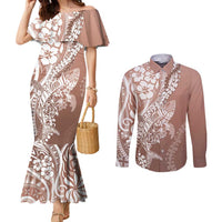 Hawaii Puakenikeni And Maile Lei Couples Matching Mermaid Dress and Long Sleeve Button Shirt Brown Polynesian Shark Tattoo DT05