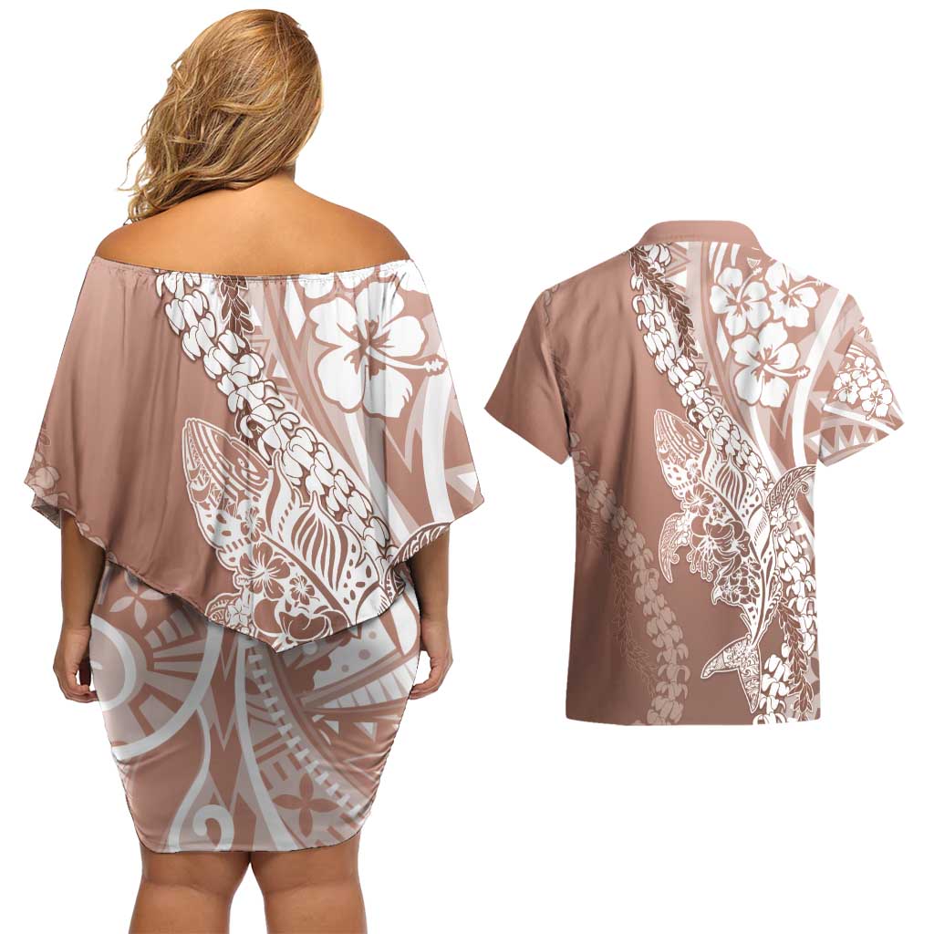 Hawaii Puakenikeni And Maile Lei Couples Matching Off Shoulder Short Dress and Hawaiian Shirt Brown Polynesian Shark Tattoo DT05