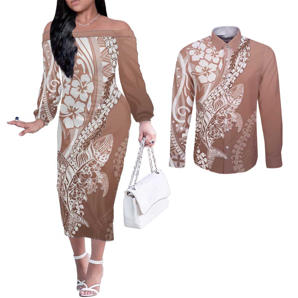Hawaii Puakenikeni And Maile Lei Couples Matching Off The Shoulder Long Sleeve Dress and Long Sleeve Button Shirt Brown Polynesian Shark Tattoo DT05