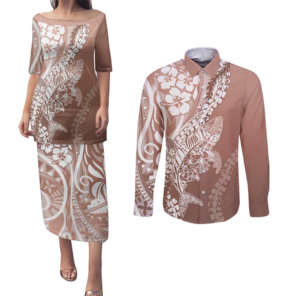Hawaii Puakenikeni And Maile Lei Couples Matching Puletasi and Long Sleeve Button Shirt Brown Polynesian Shark Tattoo DT05