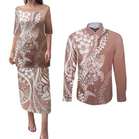 Hawaii Puakenikeni And Maile Lei Couples Matching Puletasi and Long Sleeve Button Shirt Brown Polynesian Shark Tattoo DT05