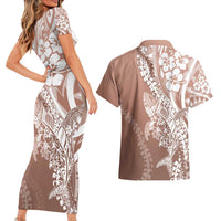 Hawaii Puakenikeni And Maile Lei Couples Matching Short Sleeve Bodycon Dress and Hawaiian Shirt Brown Polynesian Shark Tattoo DT05
