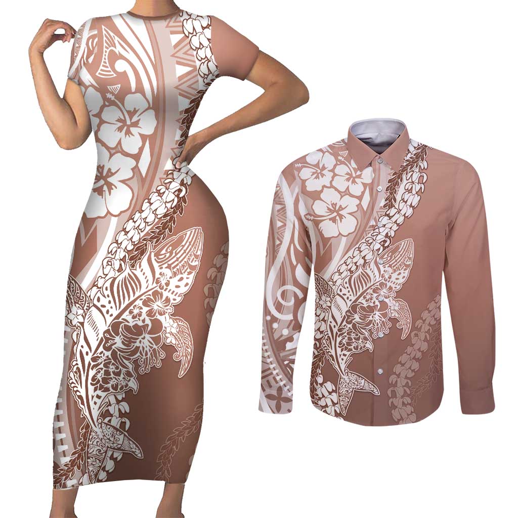 Hawaii Puakenikeni And Maile Lei Couples Matching Short Sleeve Bodycon Dress and Long Sleeve Button Shirt Brown Polynesian Shark Tattoo DT05