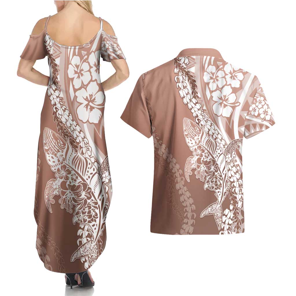 Hawaii Puakenikeni And Maile Lei Couples Matching Summer Maxi Dress and Hawaiian Shirt Brown Polynesian Shark Tattoo DT05