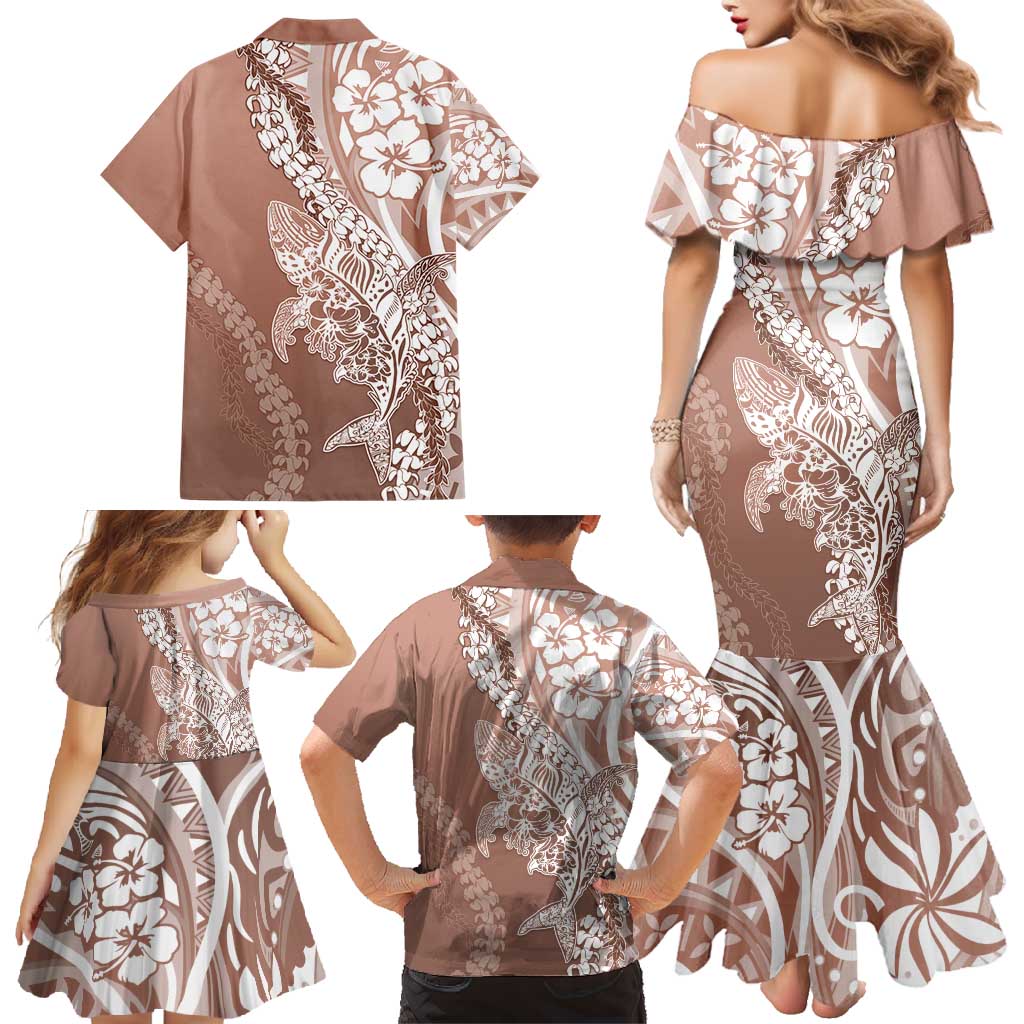 Hawaii Puakenikeni And Maile Lei Family Matching Mermaid Dress and Hawaiian Shirt Brown Polynesian Shark Tattoo DT05