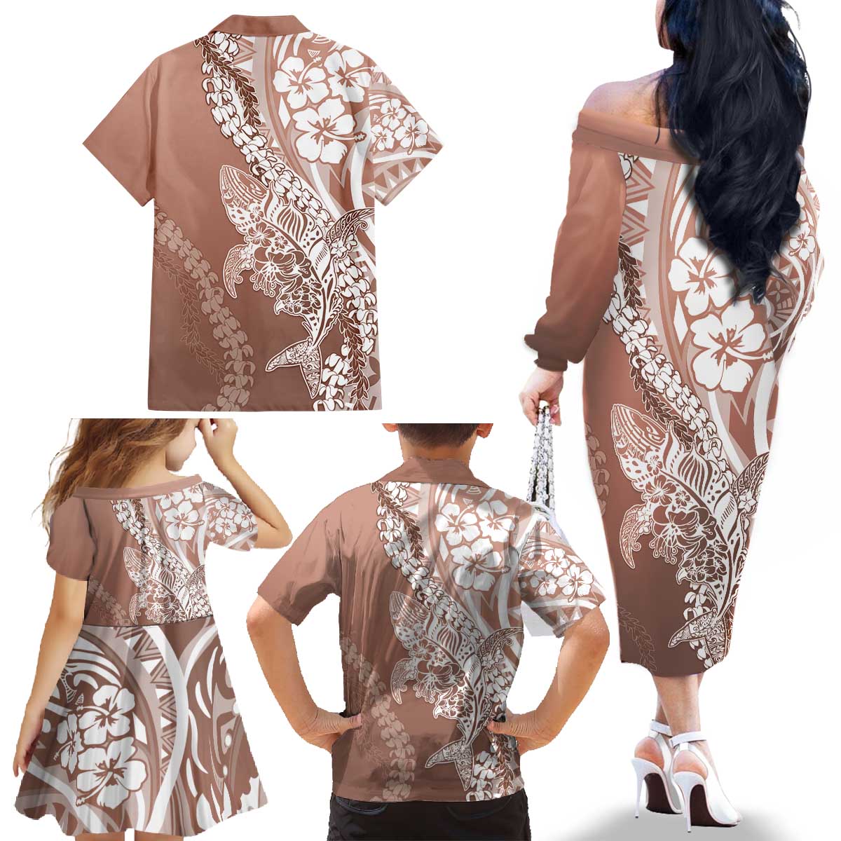Hawaii Puakenikeni And Maile Lei Family Matching Off The Shoulder Long Sleeve Dress and Hawaiian Shirt Brown Polynesian Shark Tattoo DT05