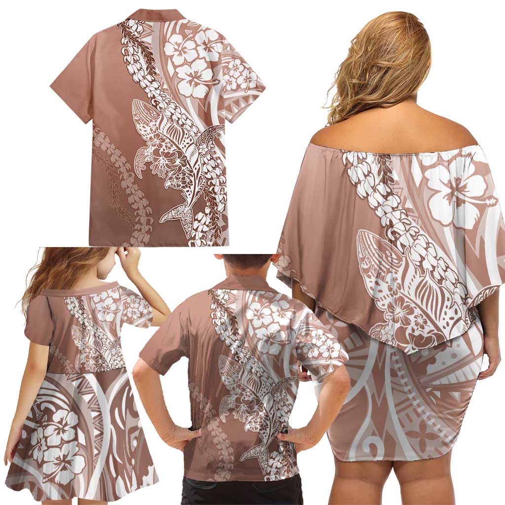 Hawaii Puakenikeni And Maile Lei Family Matching Off Shoulder Short Dress and Hawaiian Shirt Brown Polynesian Shark Tattoo DT05