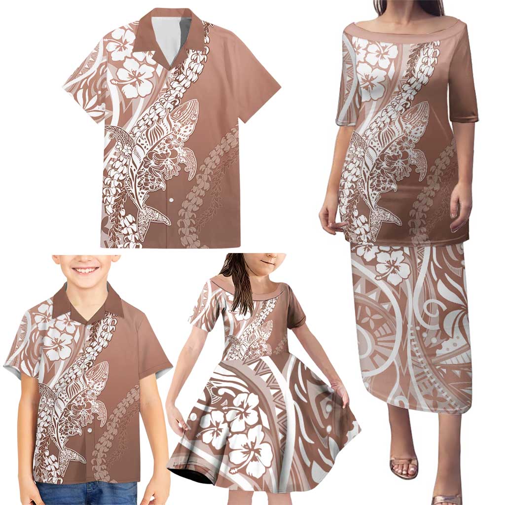 Hawaii Puakenikeni And Maile Lei Family Matching Puletasi and Hawaiian Shirt Brown Polynesian Shark Tattoo DT05