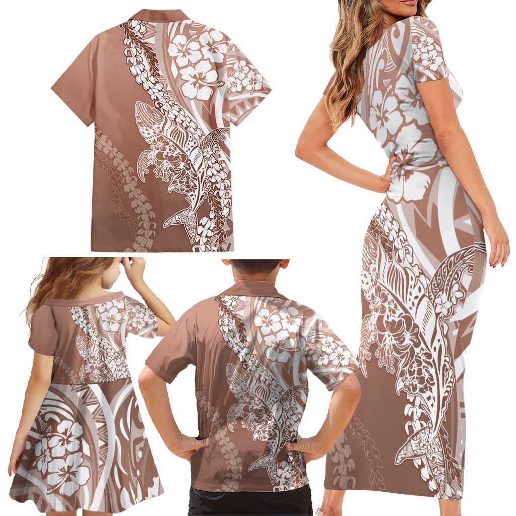 Hawaii Puakenikeni And Maile Lei Family Matching Short Sleeve Bodycon Dress and Hawaiian Shirt Brown Polynesian Shark Tattoo DT05