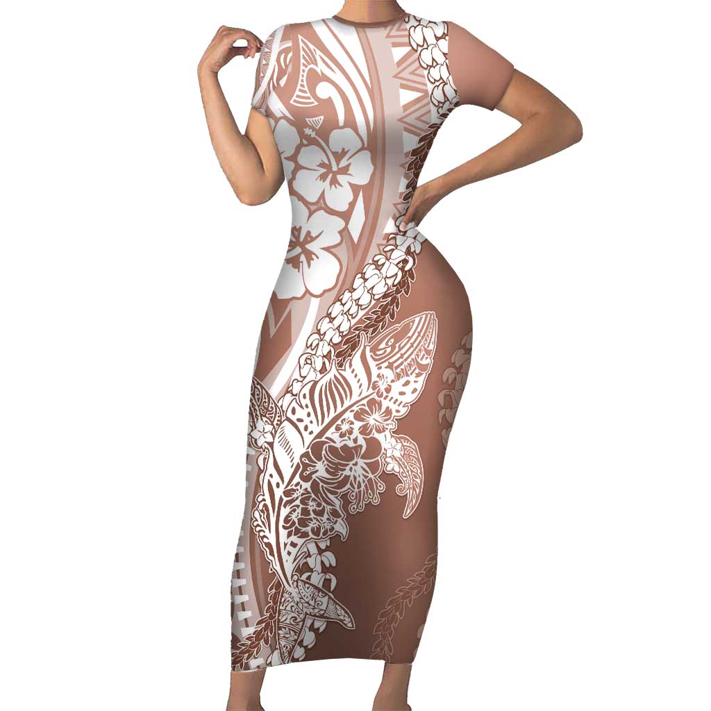 Hawaii Puakenikeni And Maile Lei Family Matching Short Sleeve Bodycon Dress and Hawaiian Shirt Brown Polynesian Shark Tattoo DT05