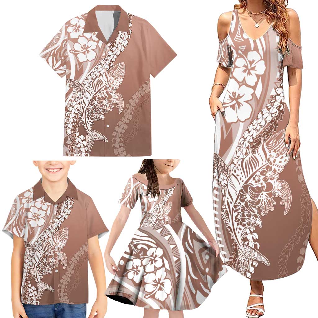 Hawaii Puakenikeni And Maile Lei Family Matching Summer Maxi Dress and Hawaiian Shirt Brown Polynesian Shark Tattoo DT05
