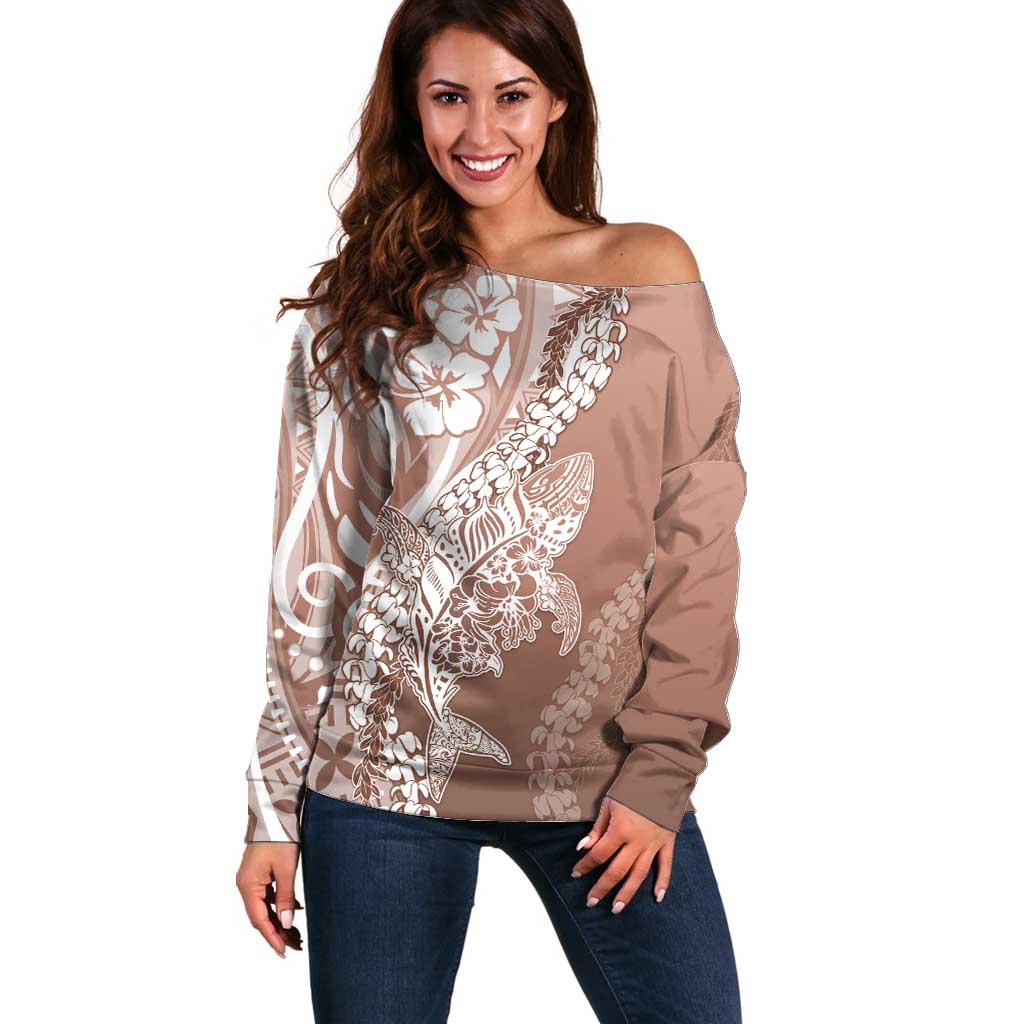 Hawaii Puakenikeni And Maile Lei Off Shoulder Sweater Brown Polynesian Shark Tattoo DT05