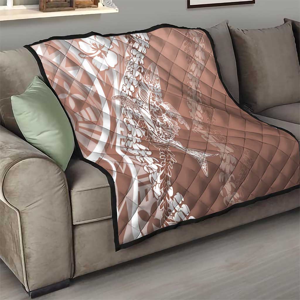 Hawaii Puakenikeni And Maile Lei Quilt Brown Polynesian Shark Tattoo DT05