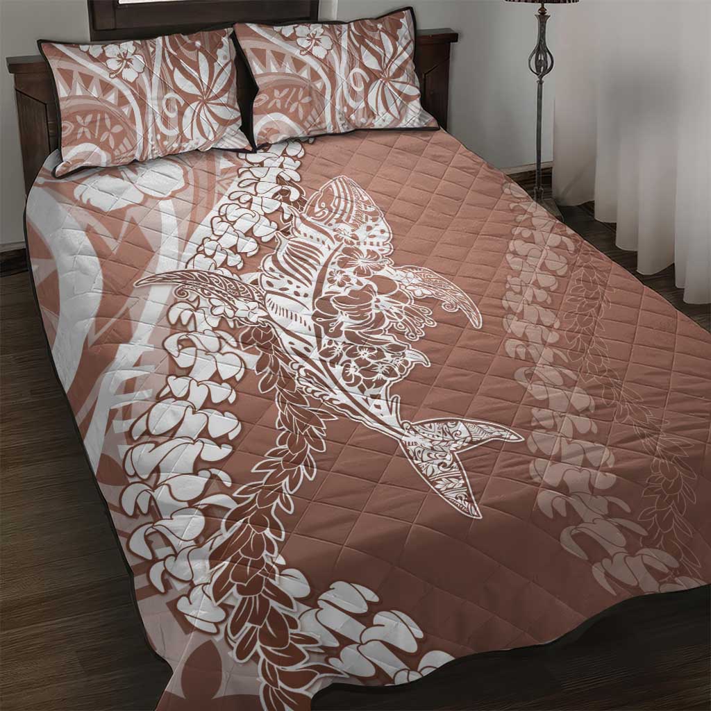 Hawaii Puakenikeni And Maile Lei Quilt Bed Set Brown Polynesian Shark Tattoo DT05
