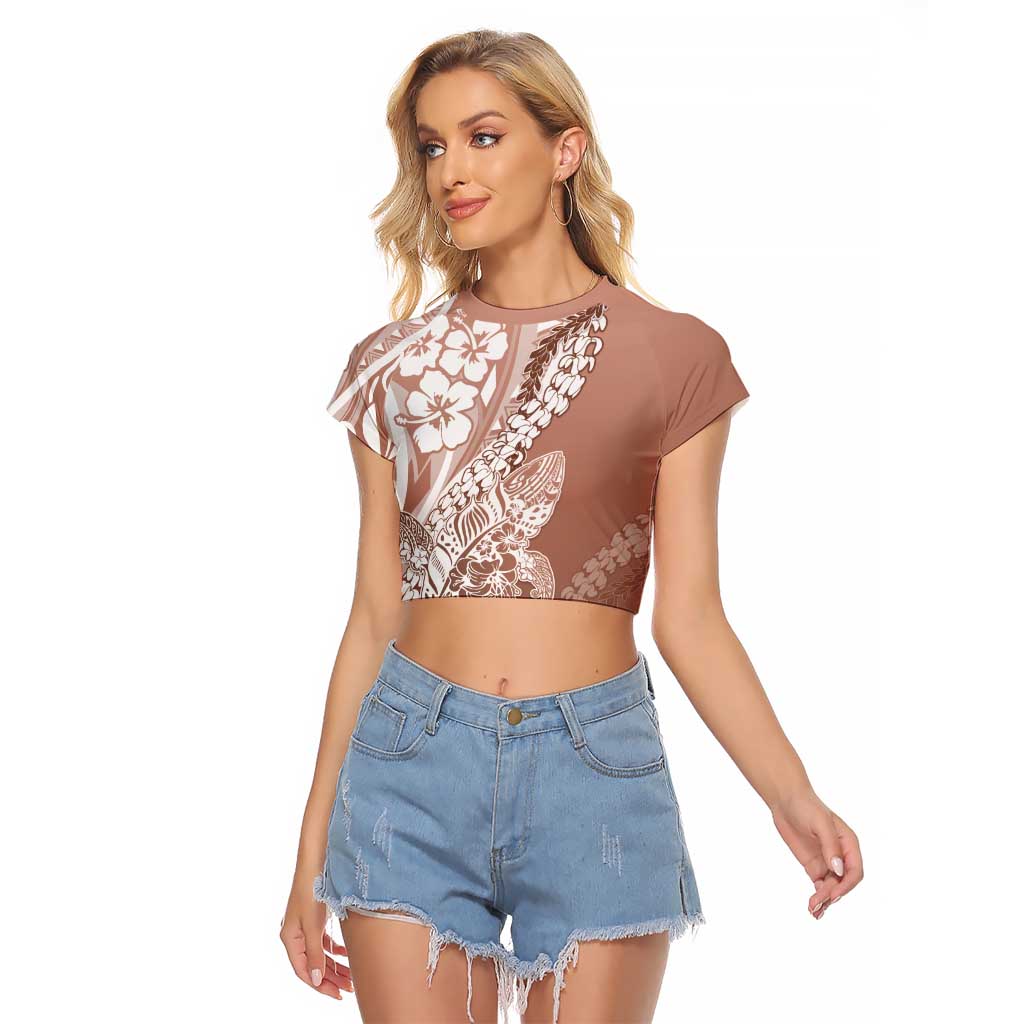 Hawaii Puakenikeni And Maile Lei Raglan Cropped T Shirt Brown Polynesian Shark Tattoo DT05