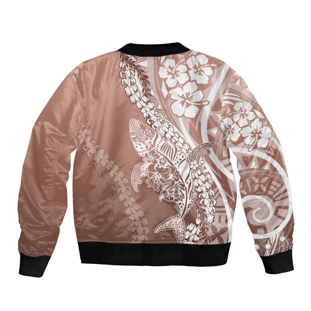 Hawaii Puakenikeni And Maile Lei Sleeve Zip Bomber Jacket Brown Polynesian Shark Tattoo DT05