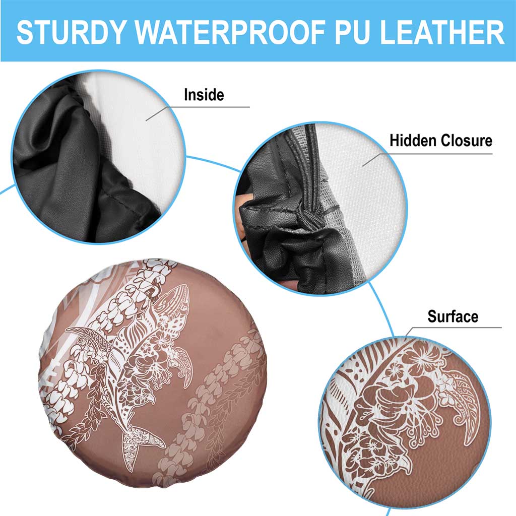 Hawaii Puakenikeni And Maile Lei Spare Tire Cover Brown Polynesian Shark Tattoo DT05