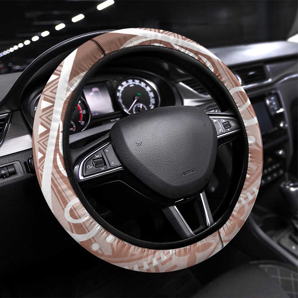 Hawaii Puakenikeni And Maile Lei Steering Wheel Cover Brown Polynesian Shark Tattoo DT05