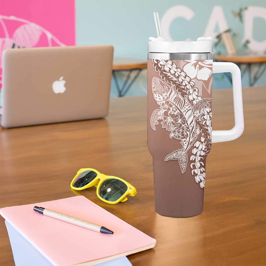 Hawaii Puakenikeni And Maile Lei Tumbler With Handle Brown Polynesian Shark Tattoo DT05