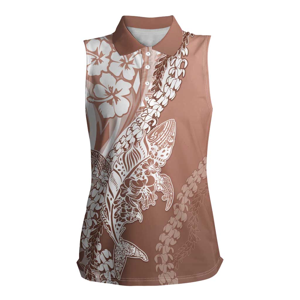Hawaii Puakenikeni And Maile Lei Women Sleeveless Polo Shirt Brown Polynesian Shark Tattoo DT05