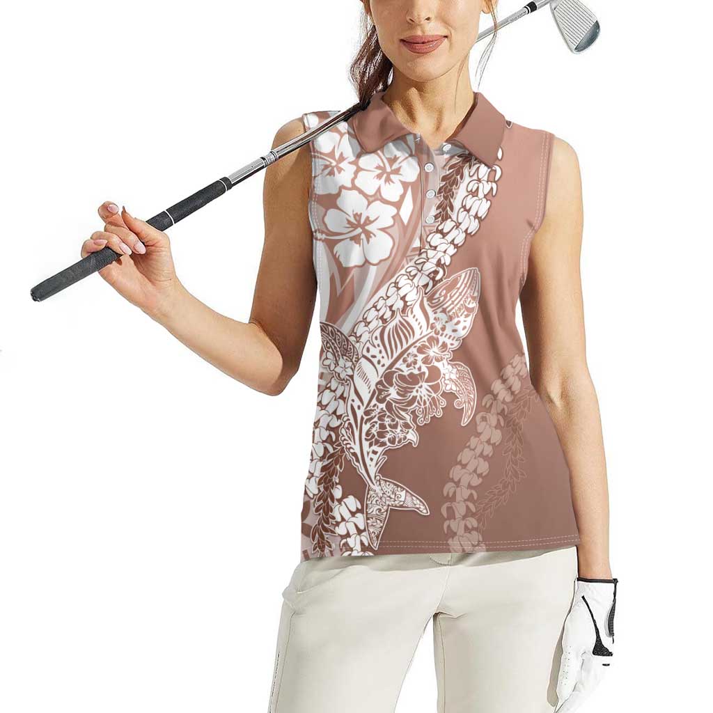 Hawaii Puakenikeni And Maile Lei Women Sleeveless Polo Shirt Brown Polynesian Shark Tattoo DT05