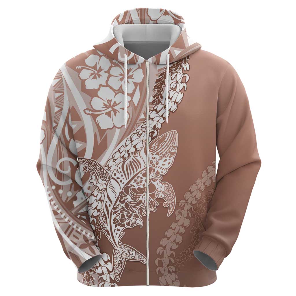 Hawaii Puakenikeni And Maile Lei Zip Hoodie Brown Polynesian Shark Tattoo DT05
