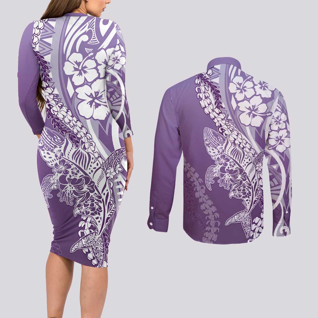 Hawaii Puakenikeni And Maile Lei Couples Matching Long Sleeve Bodycon Dress and Long Sleeve Button Shirt Violet Polynesian Shark Tattoo DT05