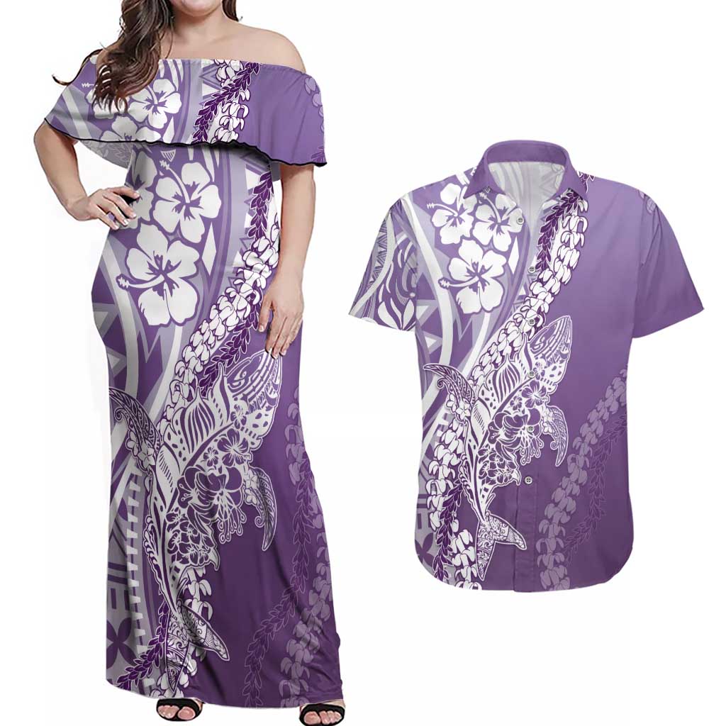 Hawaii Puakenikeni And Maile Lei Couples Matching Off Shoulder Maxi Dress and Hawaiian Shirt Violet Polynesian Shark Tattoo DT05