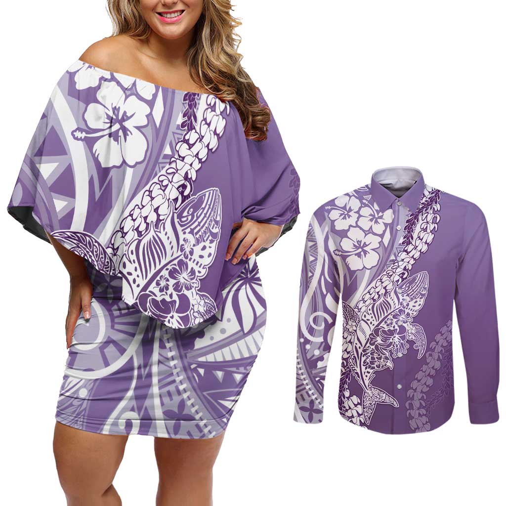 Hawaii Puakenikeni And Maile Lei Couples Matching Off Shoulder Short Dress and Long Sleeve Button Shirt Violet Polynesian Shark Tattoo DT05
