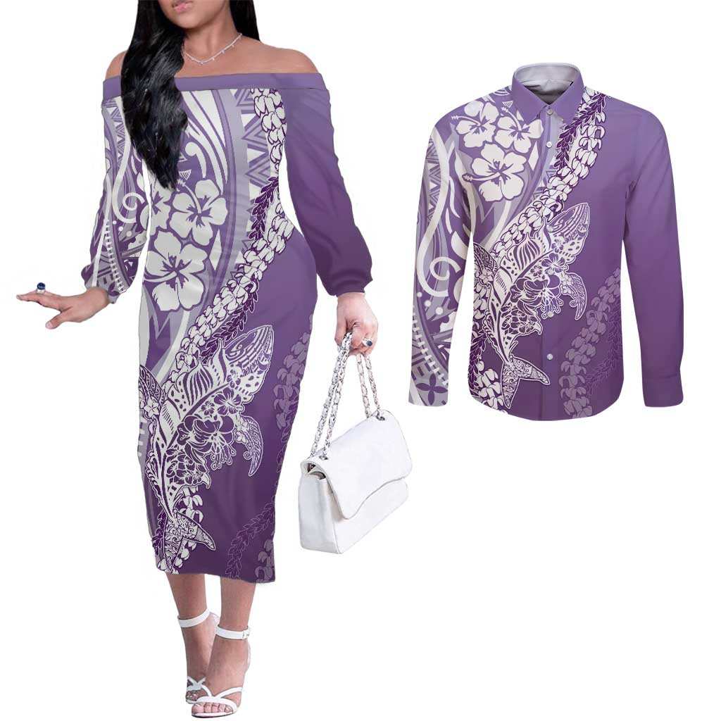 Hawaii Puakenikeni And Maile Lei Couples Matching Off The Shoulder Long Sleeve Dress and Long Sleeve Button Shirt Violet Polynesian Shark Tattoo DT05