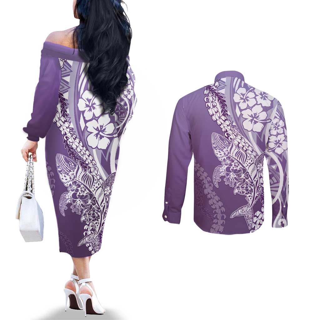 Hawaii Puakenikeni And Maile Lei Couples Matching Off The Shoulder Long Sleeve Dress and Long Sleeve Button Shirt Violet Polynesian Shark Tattoo DT05
