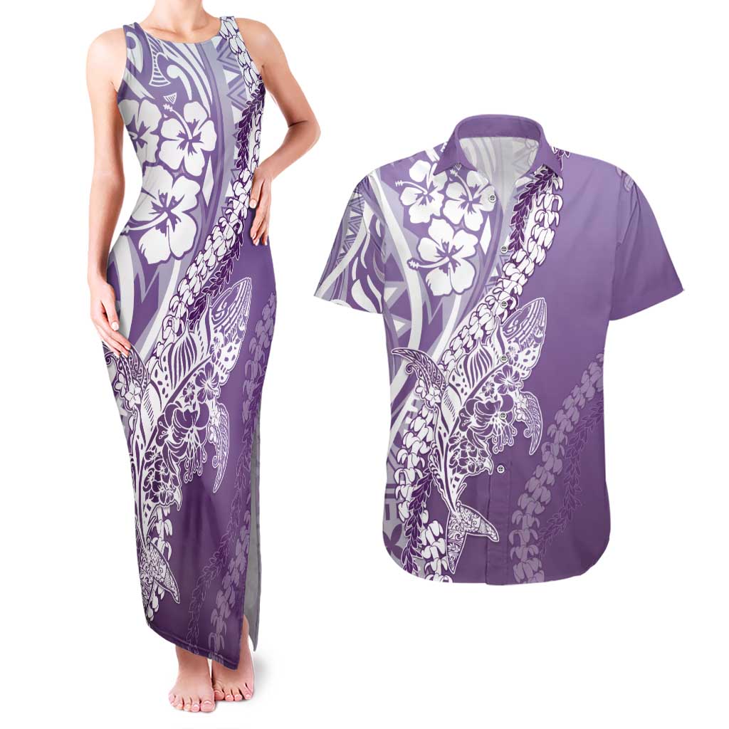 Hawaii Puakenikeni And Maile Lei Couples Matching Tank Maxi Dress and Hawaiian Shirt Violet Polynesian Shark Tattoo DT05
