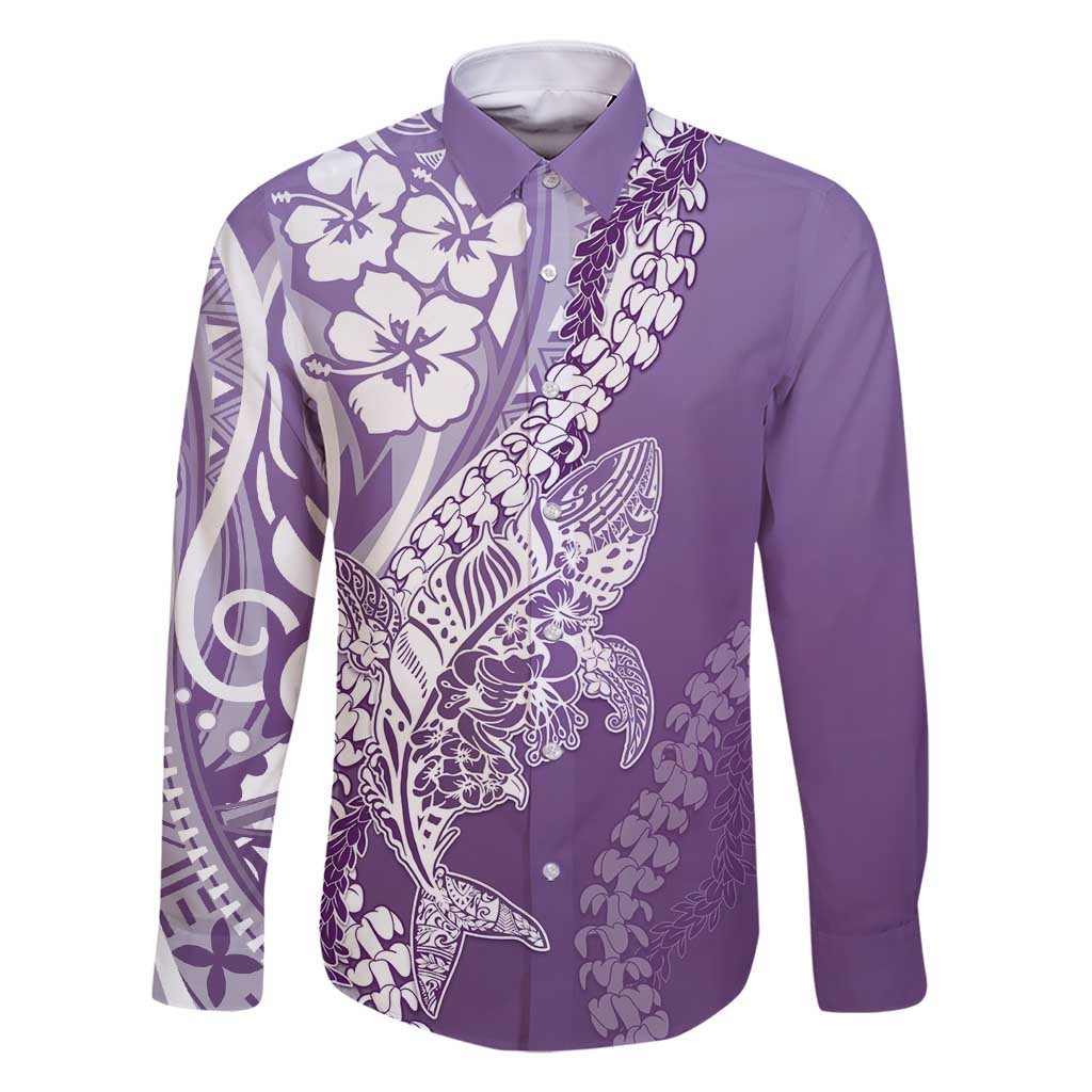 Hawaii Puakenikeni And Maile Lei Family Matching Mermaid Dress and Hawaiian Shirt Violet Polynesian Shark Tattoo DT05