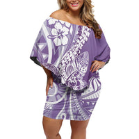 Hawaii Puakenikeni And Maile Lei Family Matching Off Shoulder Short Dress and Hawaiian Shirt Violet Polynesian Shark Tattoo DT05
