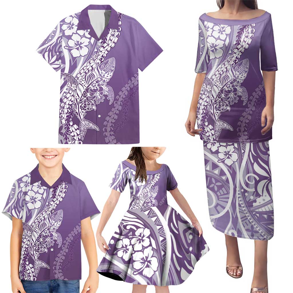 Hawaii Puakenikeni And Maile Lei Family Matching Puletasi and Hawaiian Shirt Violet Polynesian Shark Tattoo DT05