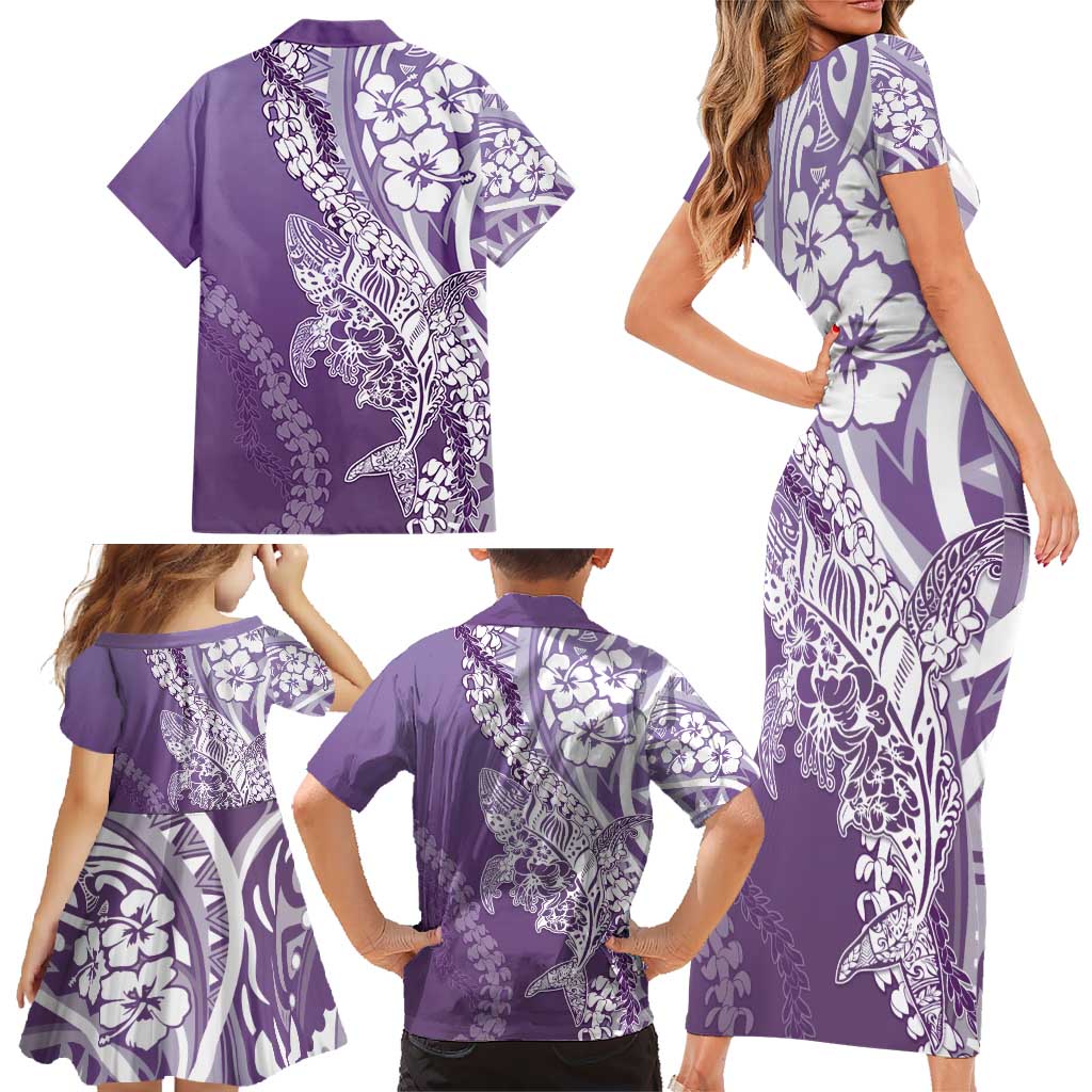 Hawaii Puakenikeni And Maile Lei Family Matching Short Sleeve Bodycon Dress and Hawaiian Shirt Violet Polynesian Shark Tattoo DT05