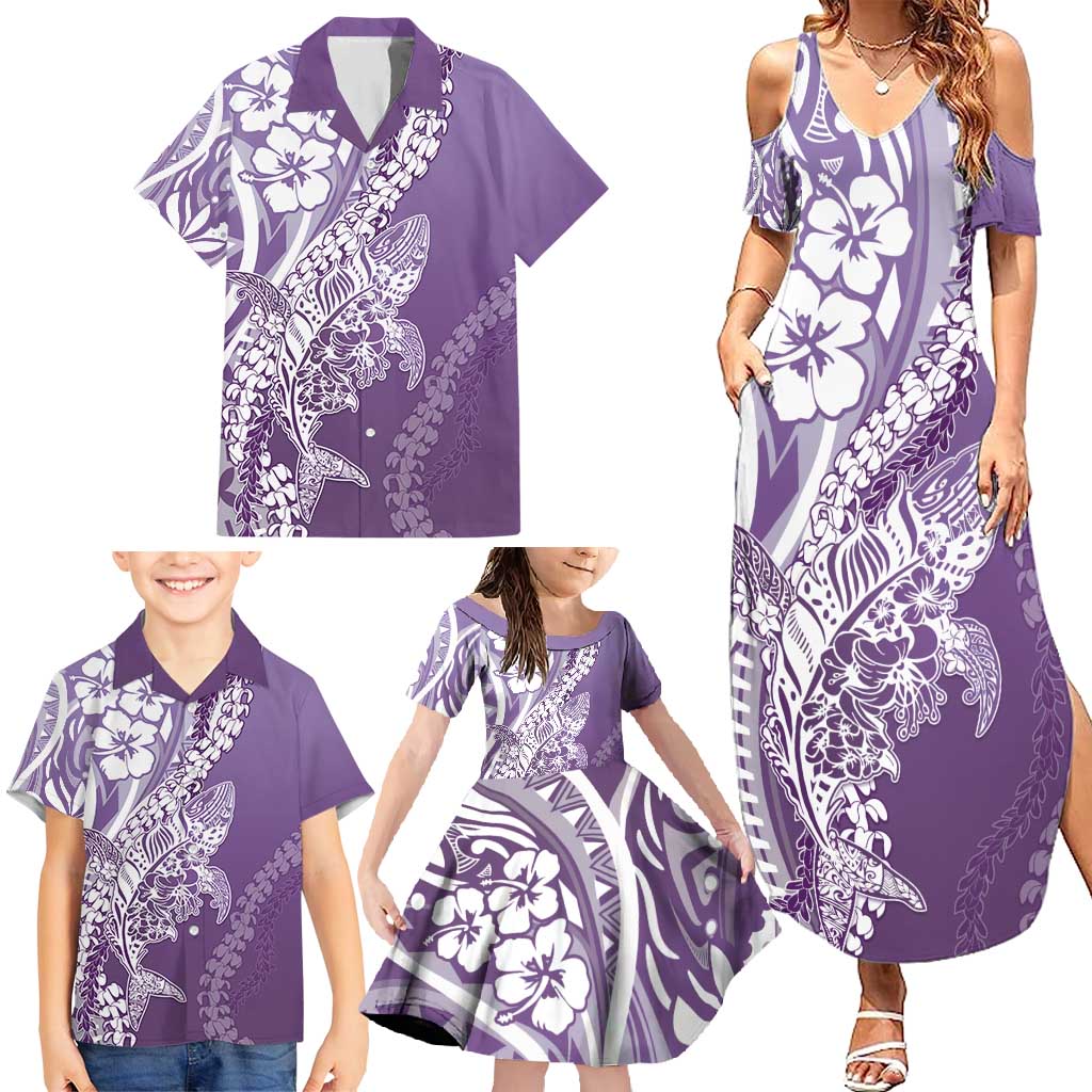 Hawaii Puakenikeni And Maile Lei Family Matching Summer Maxi Dress and Hawaiian Shirt Violet Polynesian Shark Tattoo DT05