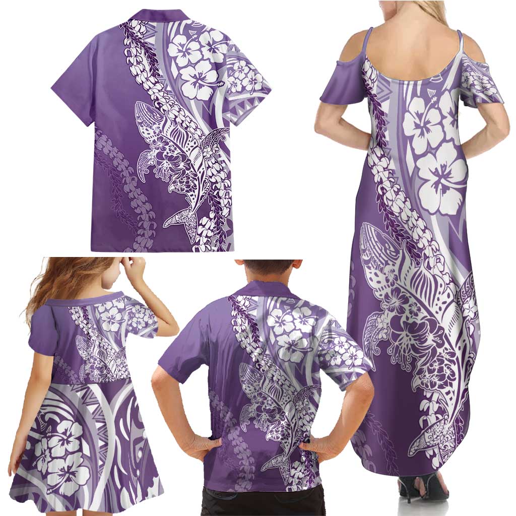 Hawaii Puakenikeni And Maile Lei Family Matching Summer Maxi Dress and Hawaiian Shirt Violet Polynesian Shark Tattoo DT05