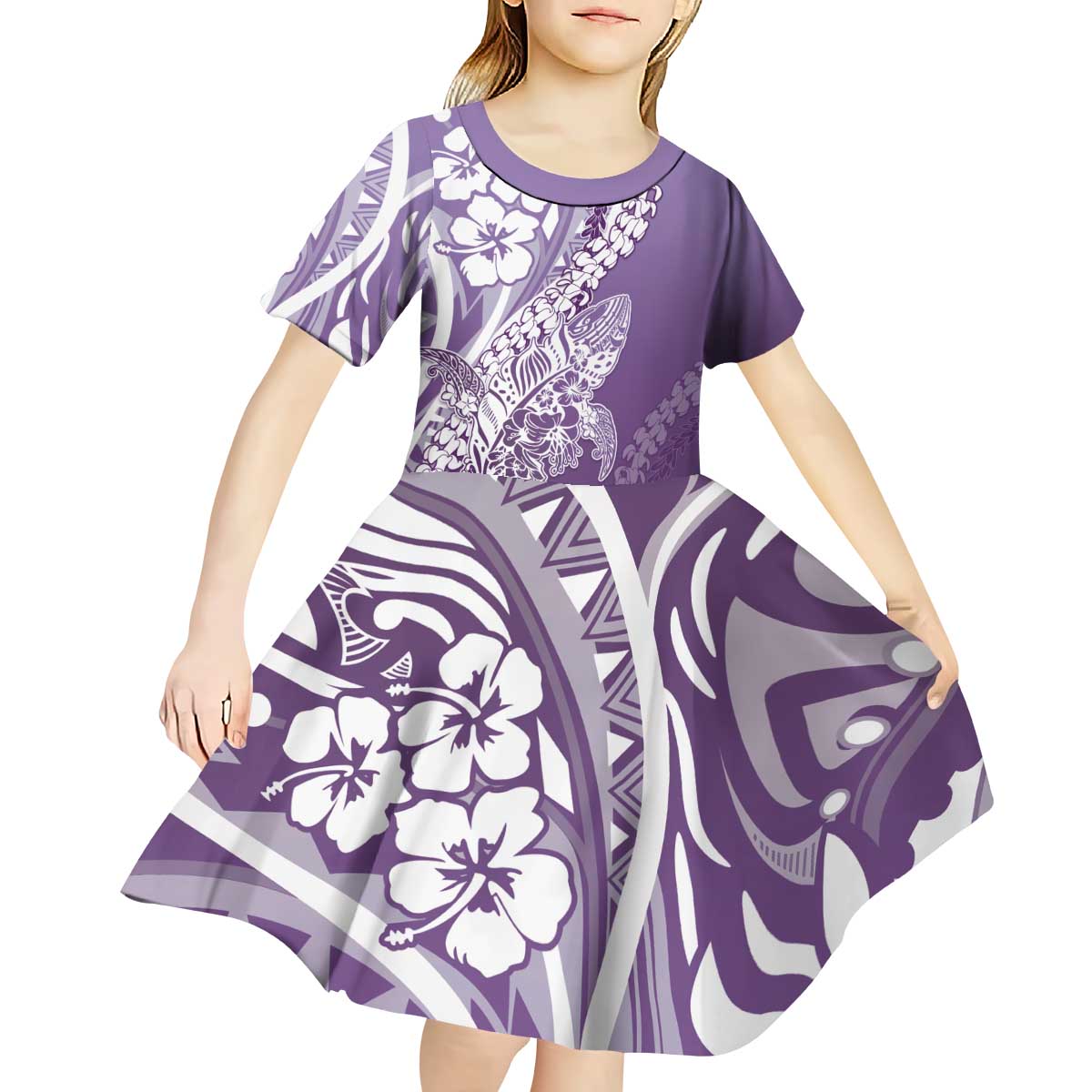Hawaii Puakenikeni And Maile Lei Kid Short Sleeve Dress Violet Polynesian Shark Tattoo DT05