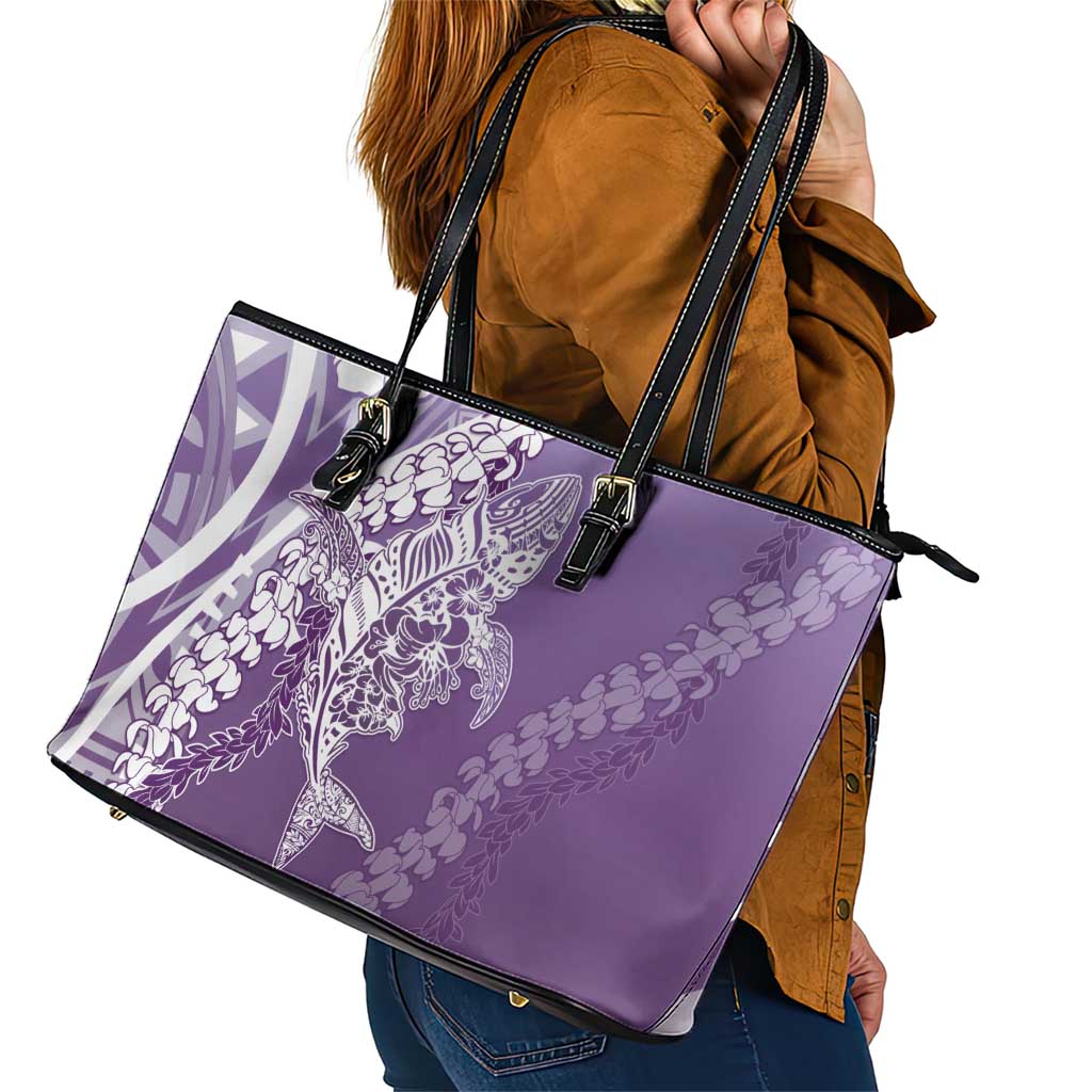 Hawaii Puakenikeni And Maile Lei Leather Tote Bag Violet Polynesian Shark Tattoo DT05