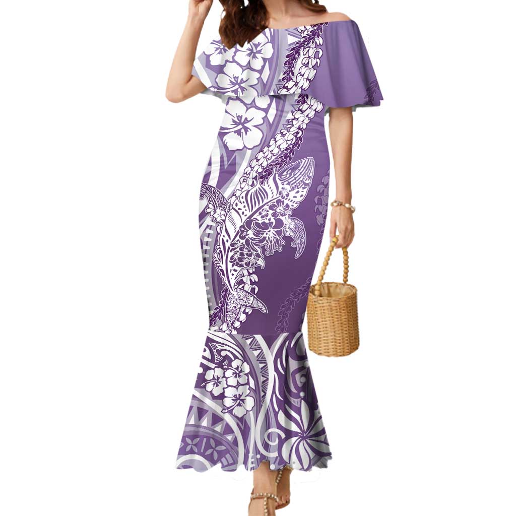 Hawaii Puakenikeni And Maile Lei Mermaid Dress Violet Polynesian Shark Tattoo DT05
