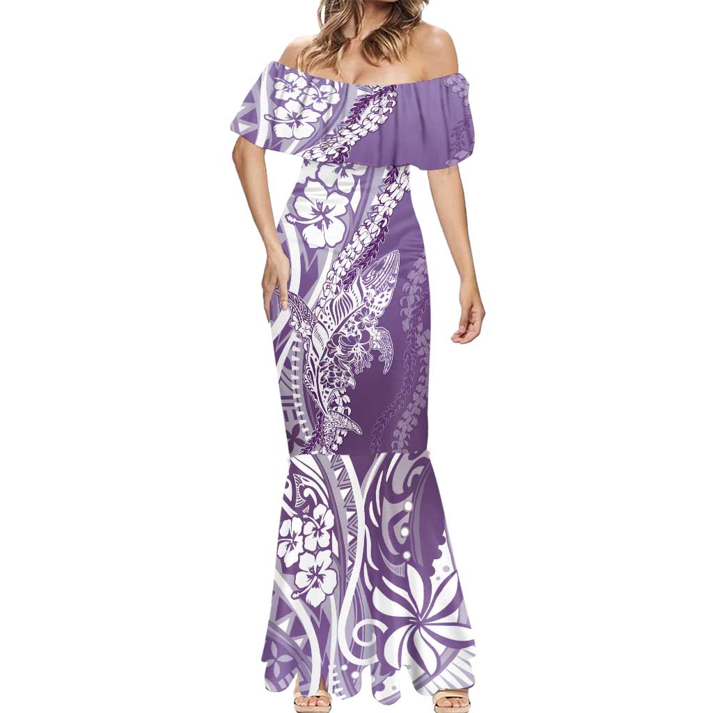 Hawaii Puakenikeni And Maile Lei Mermaid Dress Violet Polynesian Shark Tattoo DT05