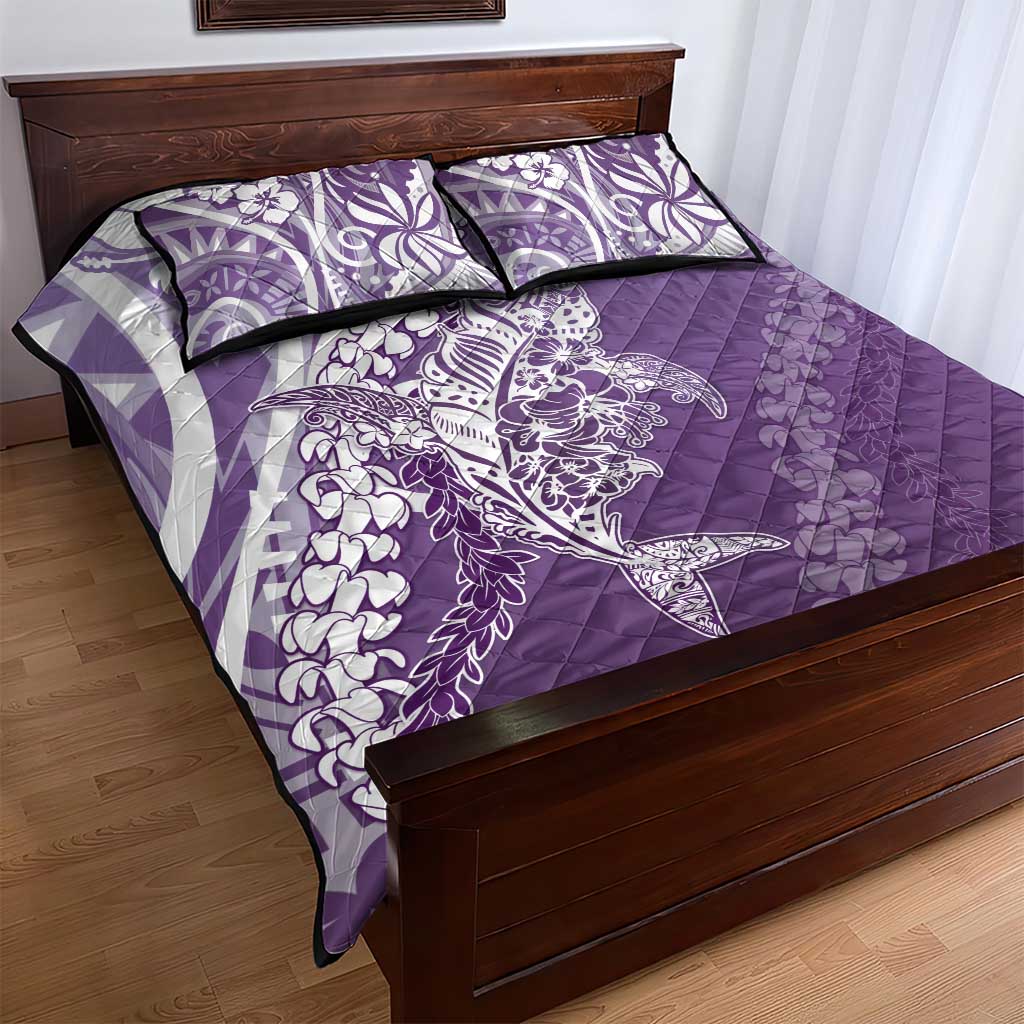 Hawaii Puakenikeni And Maile Lei Quilt Bed Set Violet Polynesian Shark Tattoo DT05