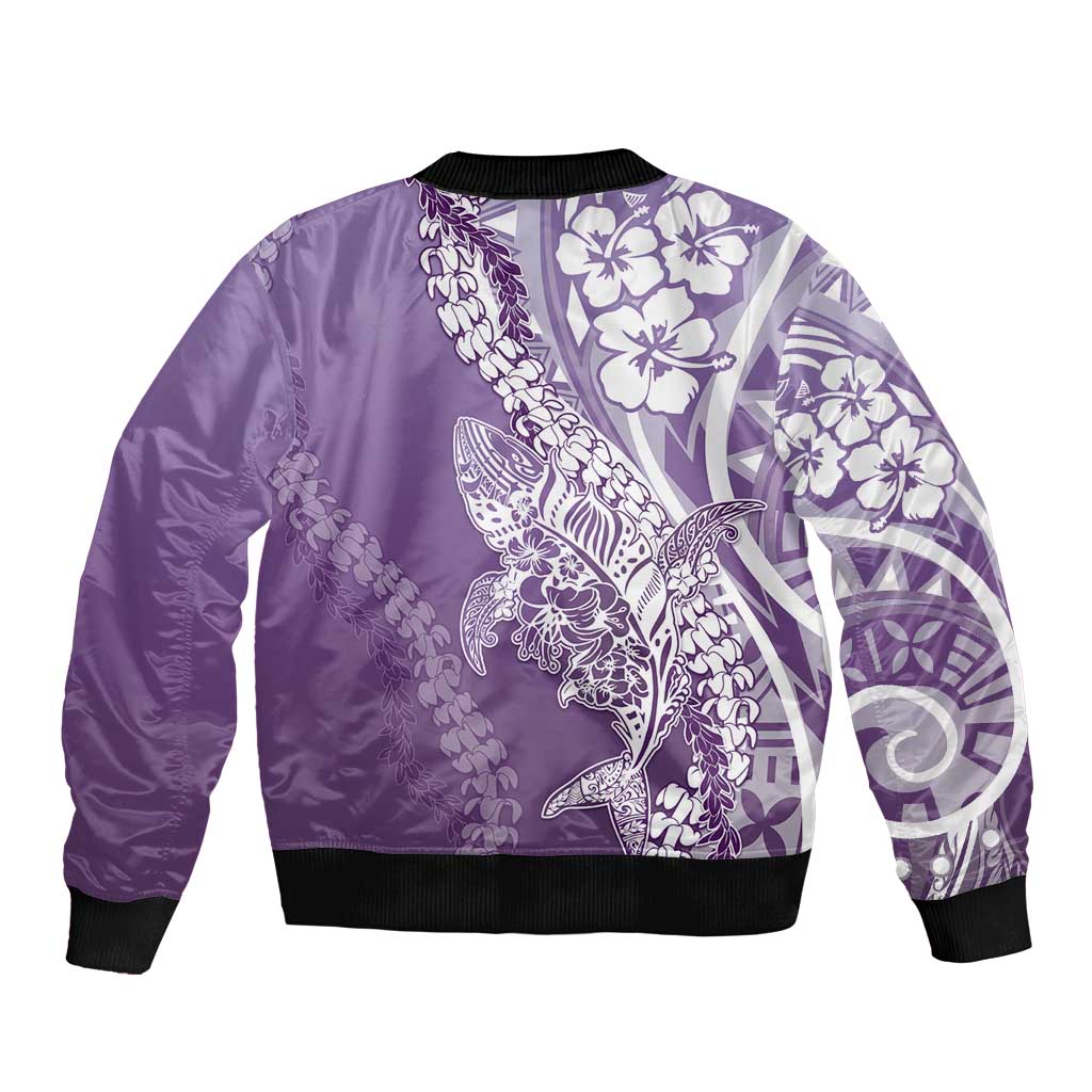 Hawaii Puakenikeni And Maile Lei Sleeve Zip Bomber Jacket Violet Polynesian Shark Tattoo DT05