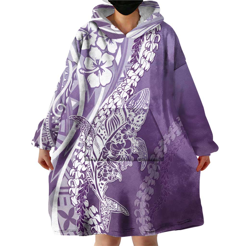 Hawaii Puakenikeni And Maile Lei Wearable Blanket Hoodie Violet Polynesian Shark Tattoo DT05