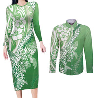 Hawaii Puakenikeni And Maile Lei Couples Matching Long Sleeve Bodycon Dress and Long Sleeve Button Shirt Green Polynesian Shark Tattoo DT05